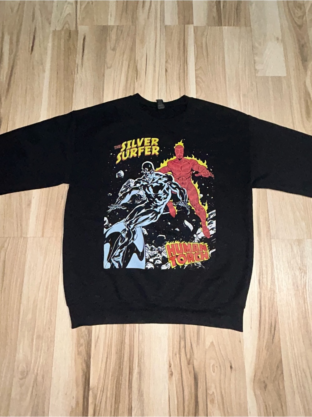 Gildan Black Crewneck Sweatshirt with Silver Surfer & Human Torch Graphic